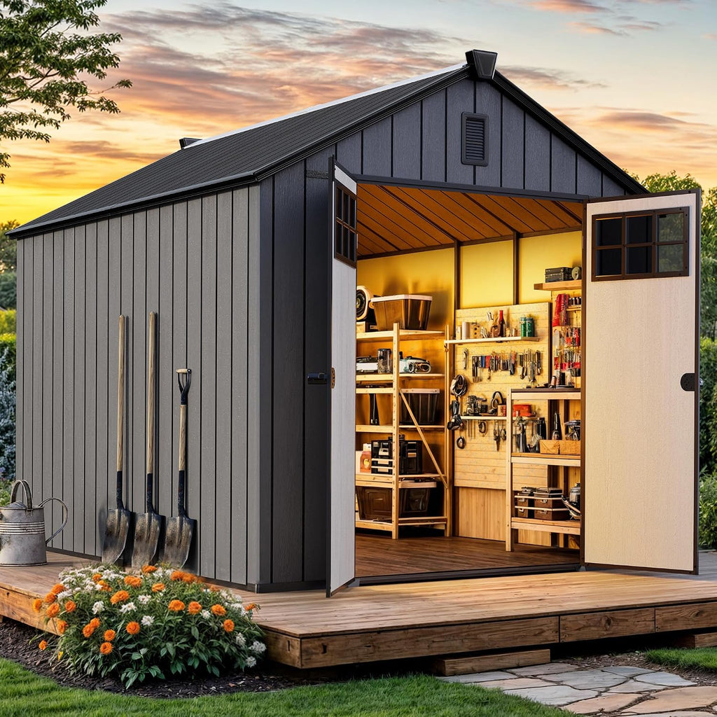 YITAHOME 8x10 FT Outdoor Storage Shed with Floor, Extra Thick Plastic Garden Shed for Bikes, Tools and Pool Supplies, Outdoor Resin Shed with Door Window Insert, Vents for Patio, Lawn, Backyard, Black