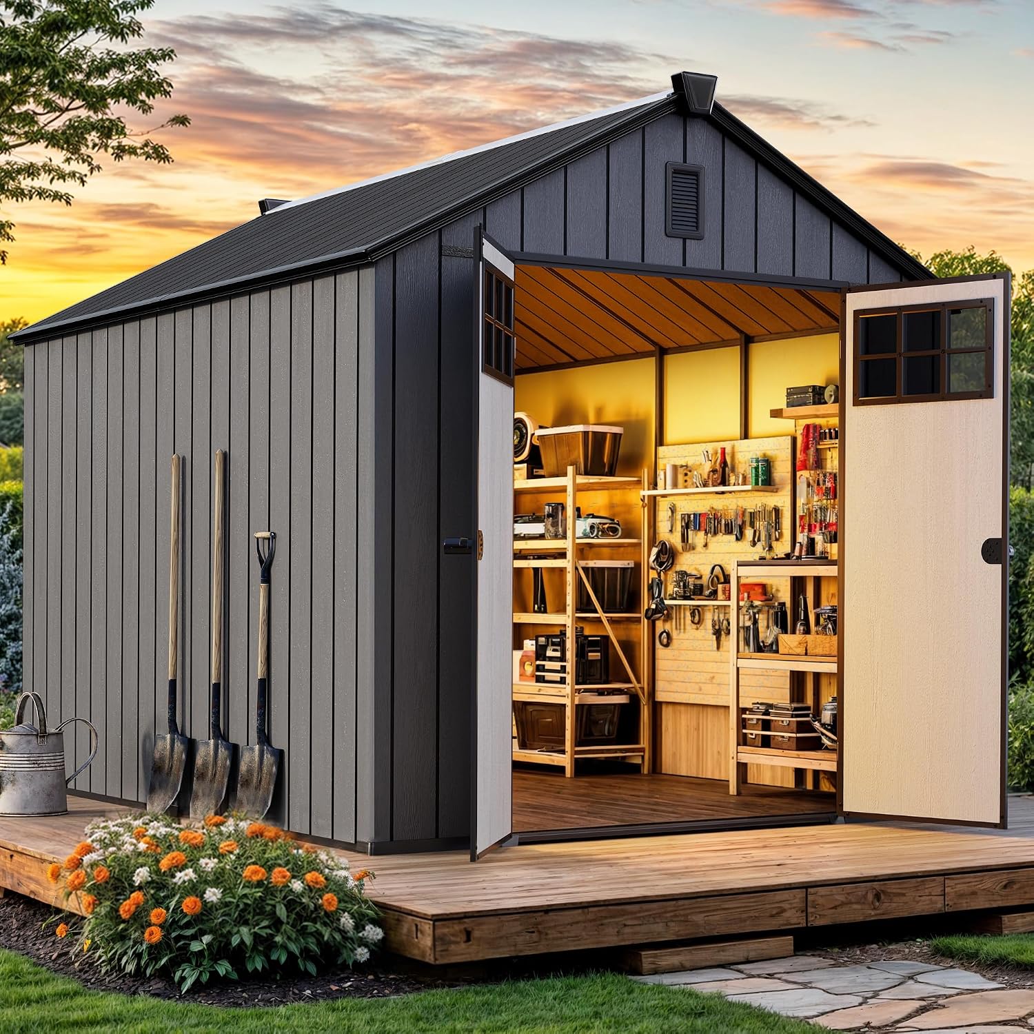 YITAHOME 8x10 FT Outdoor Storage Shed with Floor, Extra Thick Plastic Garden Shed for Bikes, Tools and Pool Supplies, Outdoor Resin Shed with Door Window Insert, Vents for Patio, Lawn, Backyard, Black