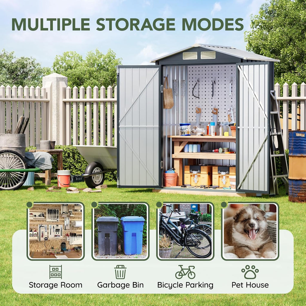 5x3 FT Outdoor Metal Storage Shed with Floor Frame, Double Door, 1 Clear Window, Tool Shed for Garden, Patio, Backyard