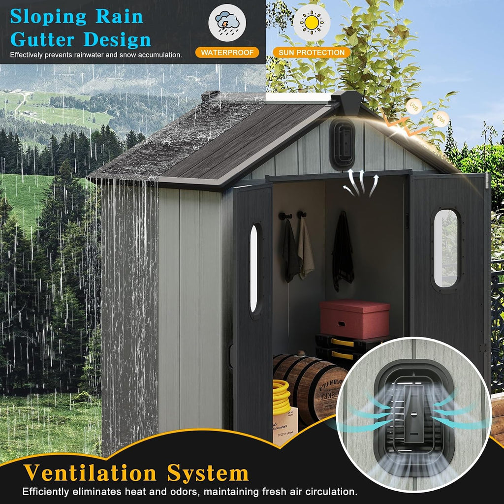 Domi 5x3FT Resin Outdoor Storage Shed with Lockable Door, Waterproof Outside Sheds with Windows & Vents, Heavy-Duty Plastic Tool Storage Shed for Patio Furniture, Lawn Mower, Bike