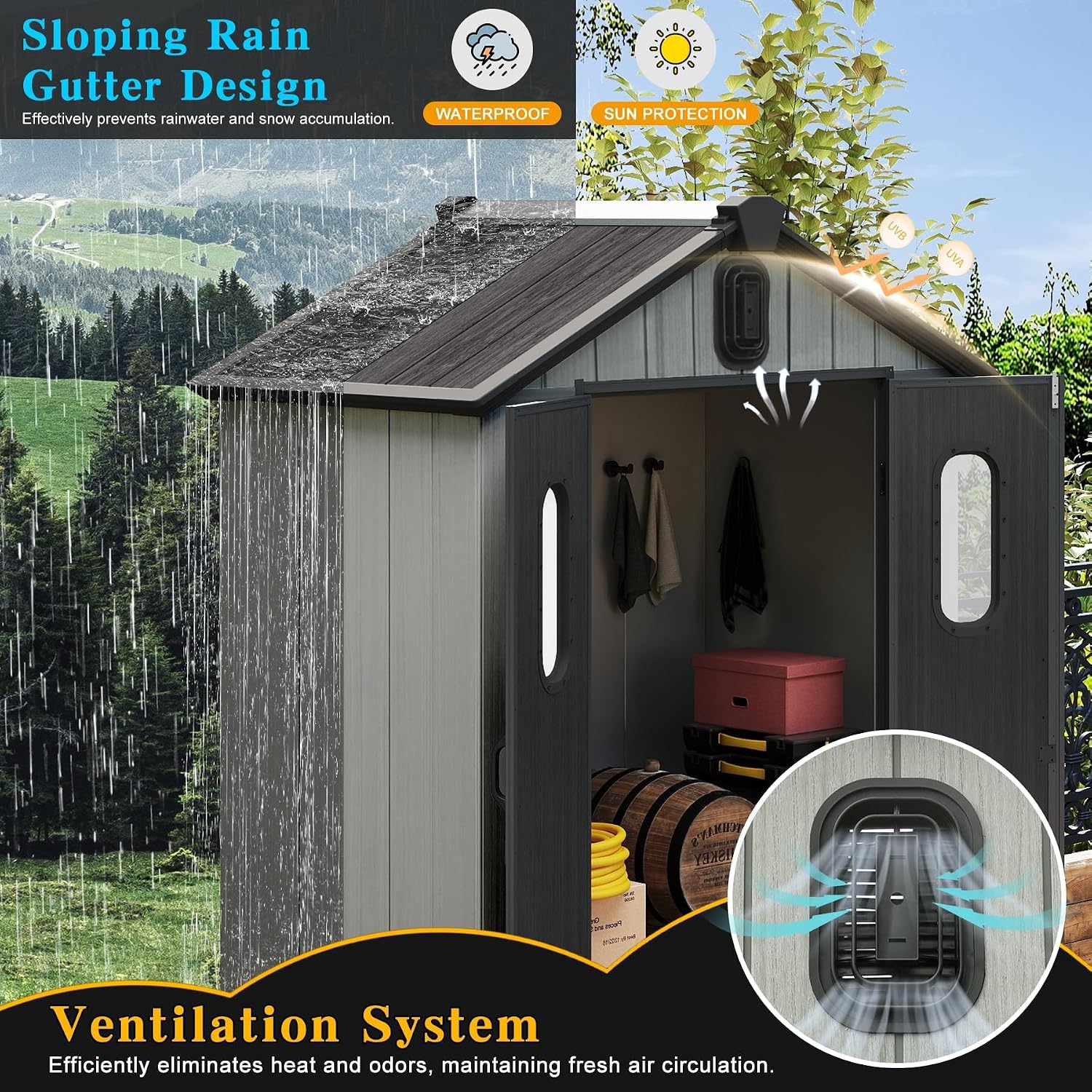 Domi 5x3FT Resin Outdoor Storage Shed with Lockable Door, Waterproof Outside Sheds with Windows & Vents, Heavy-Duty Plastic Tool Storage Shed for Patio Furniture, Lawn Mower, Bike