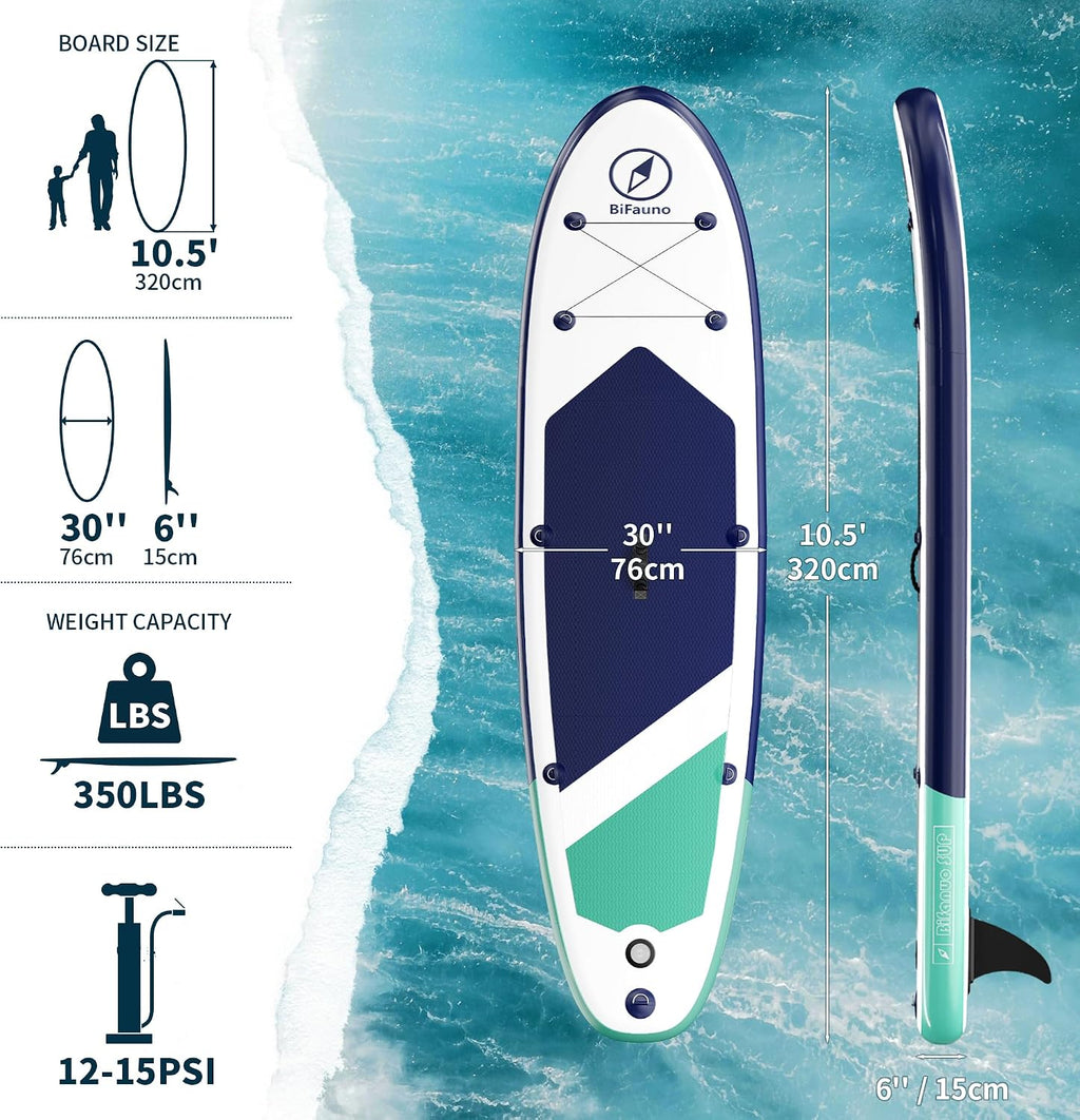 Bifanuo Inflatable Stand Up Paddle Board with SUP Accessories & Backpack. Paddle Boards for Adults. Non-Slip Deck, Wide Stance, Bottom Fin, Double Action Pump.