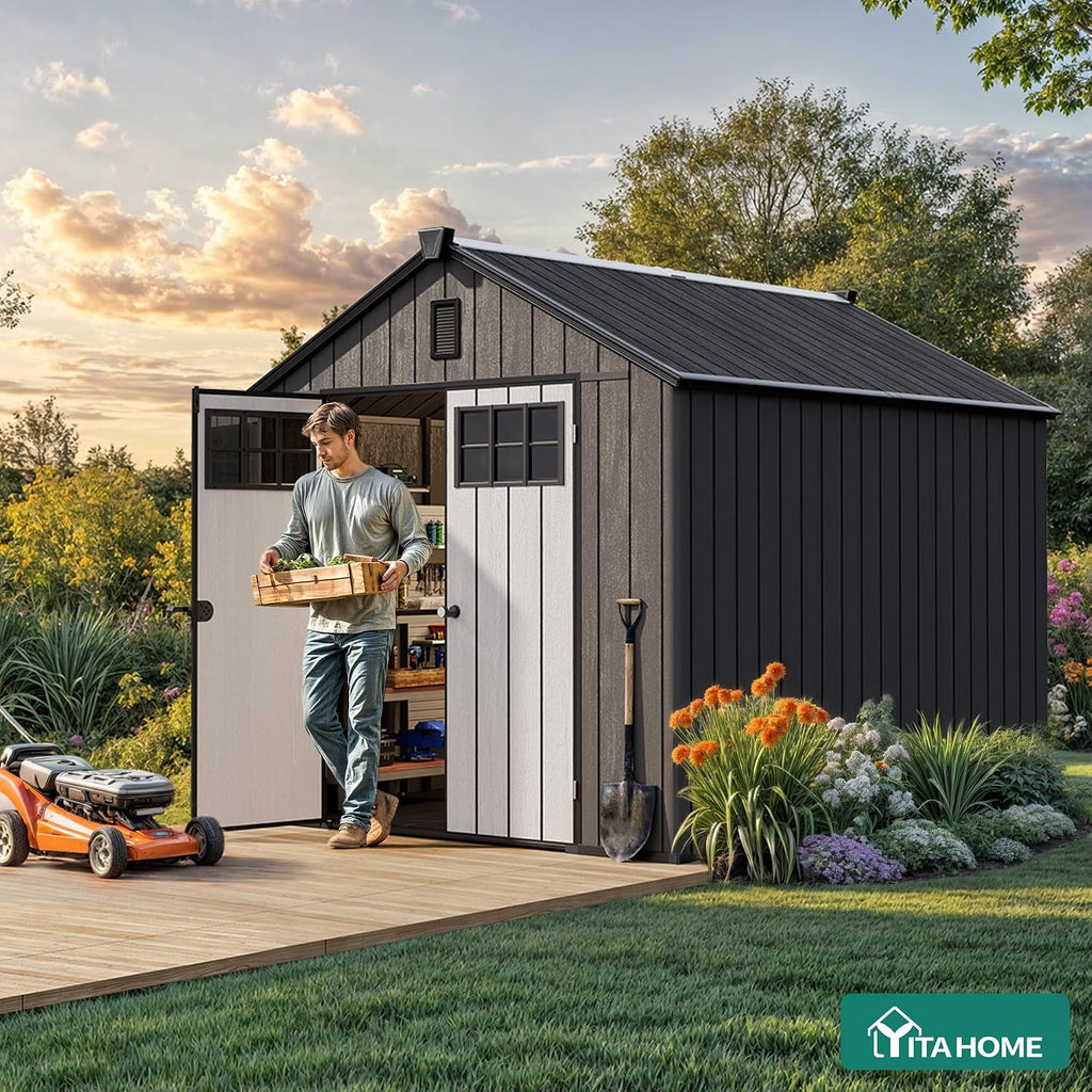 YITAHOME Large Outdoor Storage Shed 8x10 Ft, Extra Thick Plastic Storage Sheds with Floor, Lockable Doors, Vision Grid Windows, Vents, 16mm Heavy Duty Garden Storage for Bikes Mowers and Tools, Black