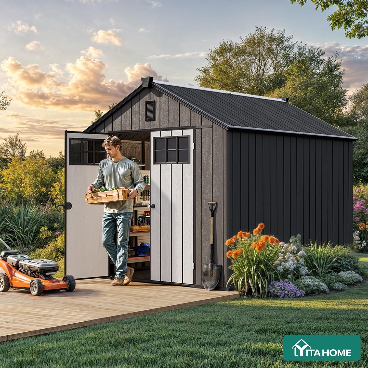 YITAHOME 8x10 FT Outdoor Storage Shed with Floor, Extra Thick Plastic Garden Shed for Bikes, Tools and Pool Supplies, Outdoor Resin Shed with Door Window Insert, Vents for Patio, Lawn, Backyard, Black