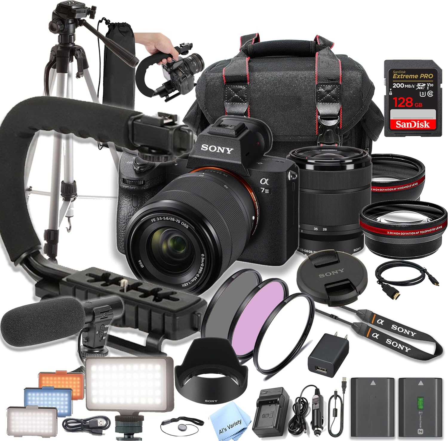 Sony A7 III Mirrorless Camera with 28-70mm + 128GB Extreme Speed Card, U-Grip, Microphone, LED Video Light, Spare Battery, Filter Kit, More (Extreme Pro-Bundle), Black (Renewed)