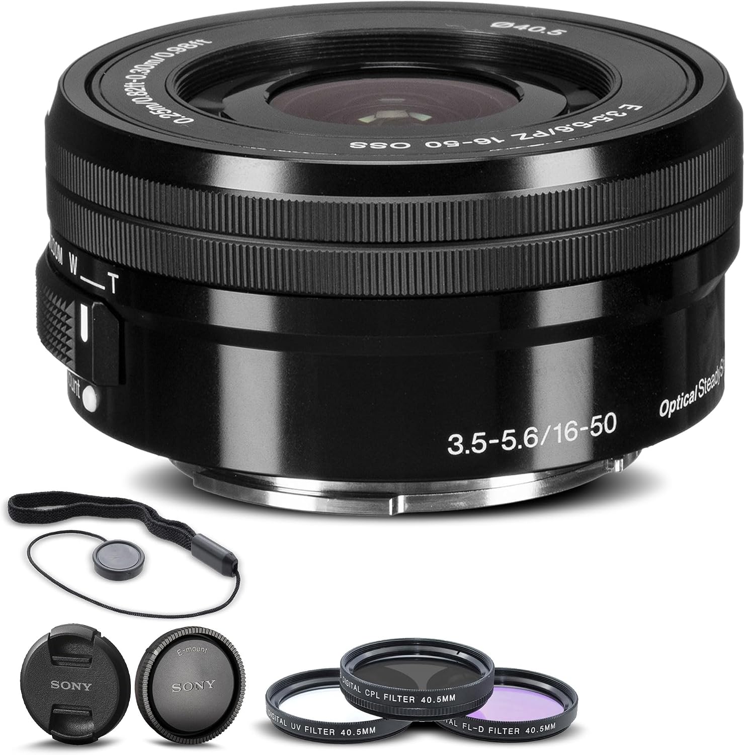 Sony E PZ 16-50mm f/3.5-5.6 OSS Lens (SELP1650) + Filter Kit + Lens Cap Keeper + Cleaning Kit + More (Renewed)