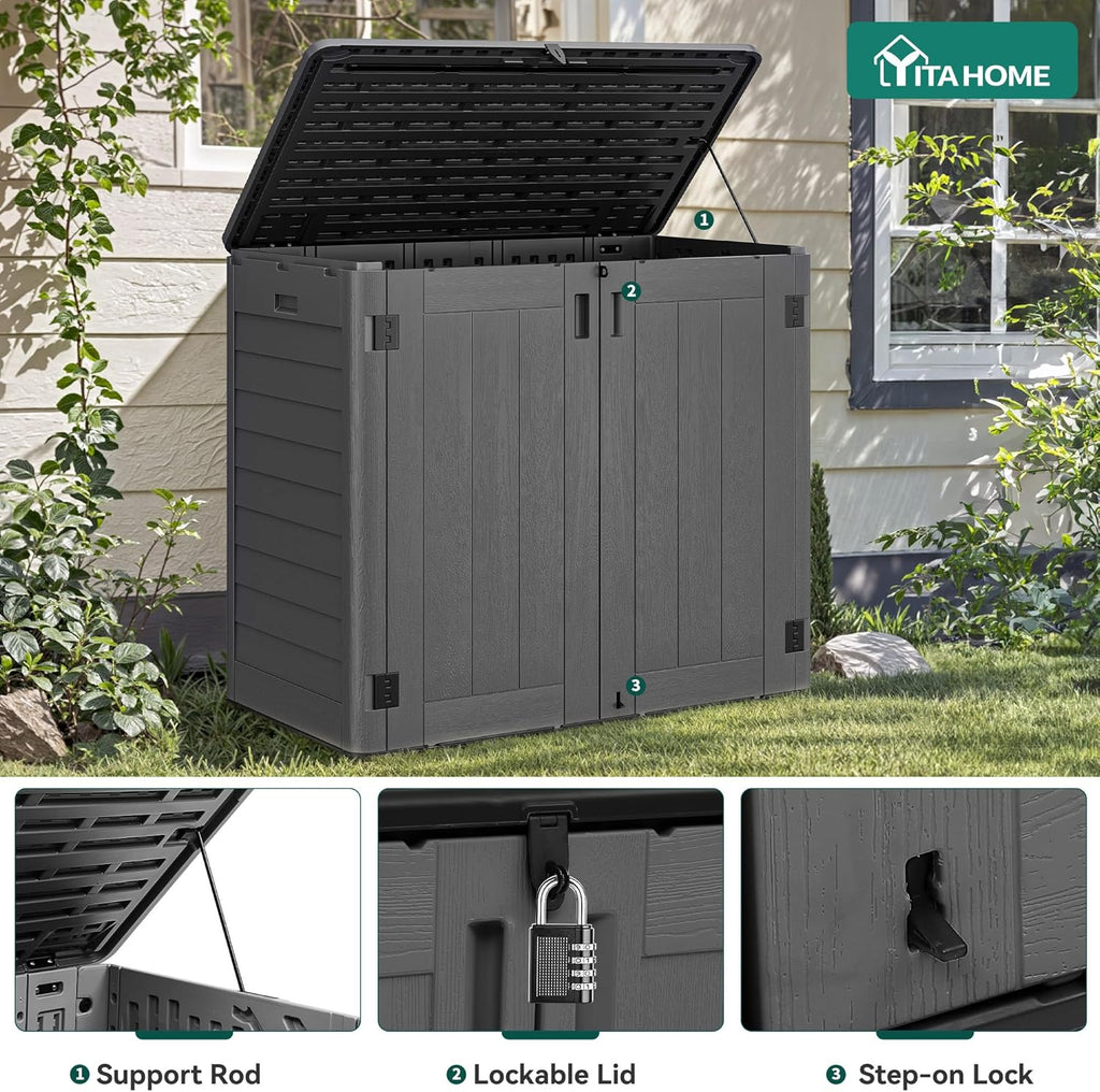 YITAHOME 30 Cu Ft Outdoor Storage Shed, Waterproof Storage Cabinet for Bike & Garden Shed, Horizontal Outdoor Storage Shed for Garage, Pool Storage, Dark Gray & Black