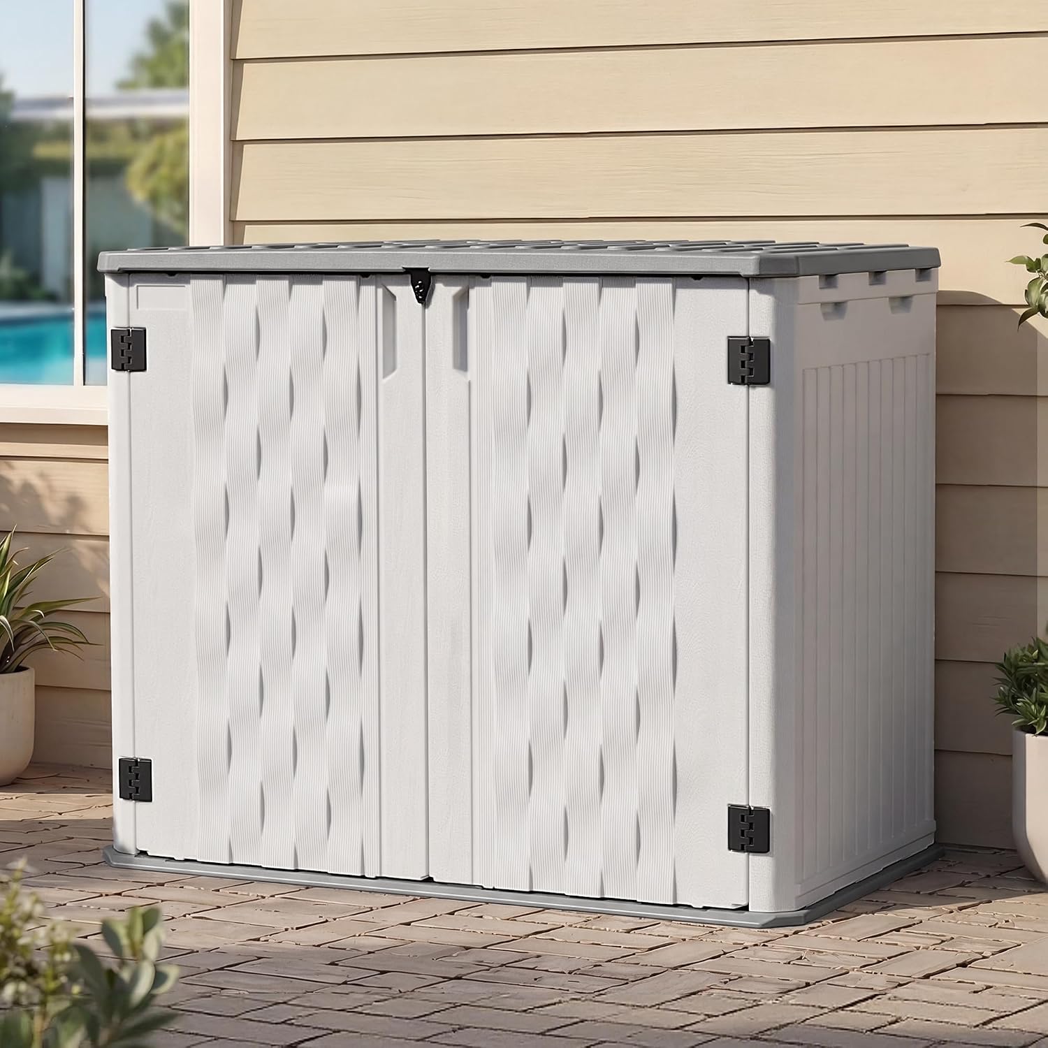 UDPATIO 34 Cu.Ft Resin Outdoor Storage Shed, Patio Plastic Vertical Sheds with Floor, Waterproof Bin Shed Horizontal Storage Cabinet for Patio, Backyards, Garden, Pool, Tool Shed