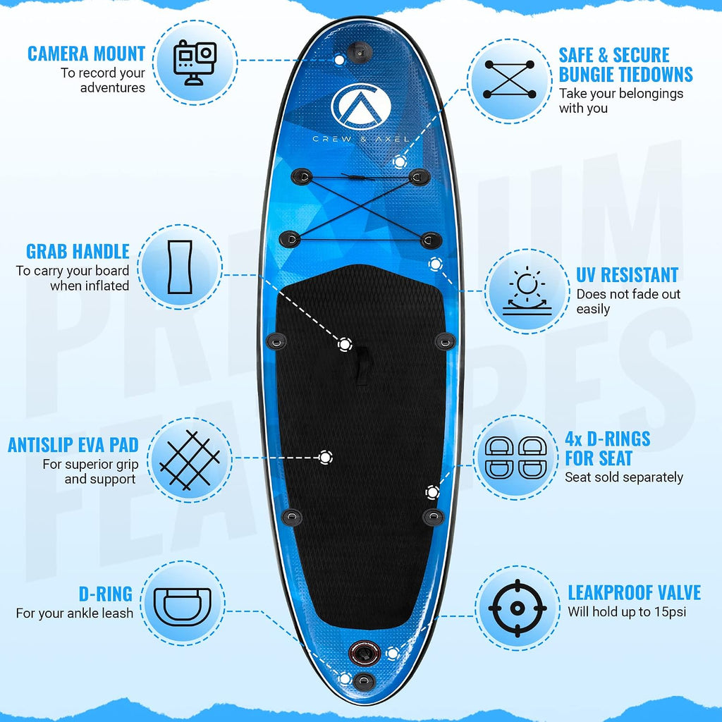 Crew Axel Inflatable Paddle Board 10'33'6' Extra Wide & Lightweight (18lb) Paddle Board – Premium SUP Set Includes 2 Bags, Floating Paddle, Camera Mount, 3 Fins, Dual Pump Kit
