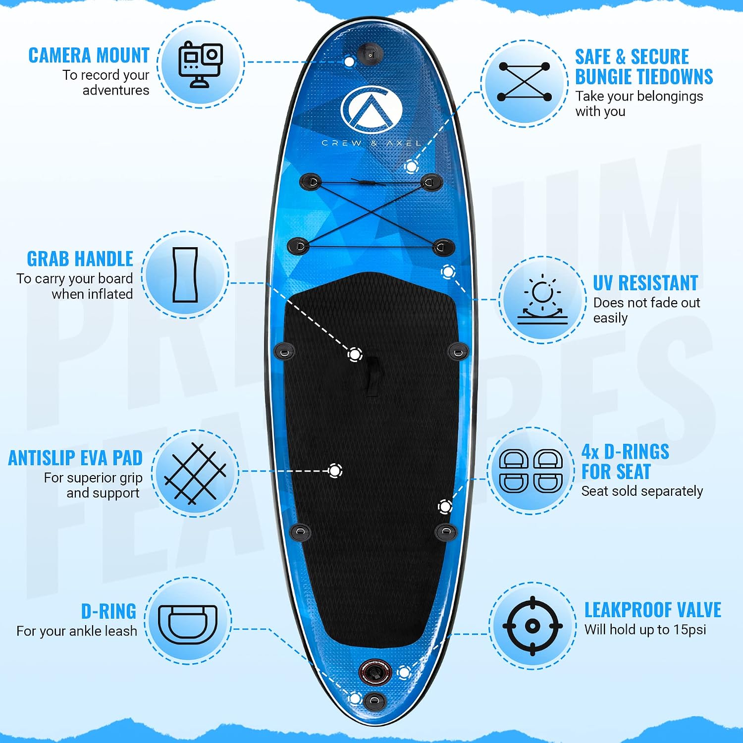 Crew Axel Inflatable Paddle Board 10'33'6' Extra Wide & Lightweight (18lb) Paddle Board – Premium SUP Set Includes 2 Bags, Floating Paddle, Camera Mount, 3 Fins, Dual Pump Kit