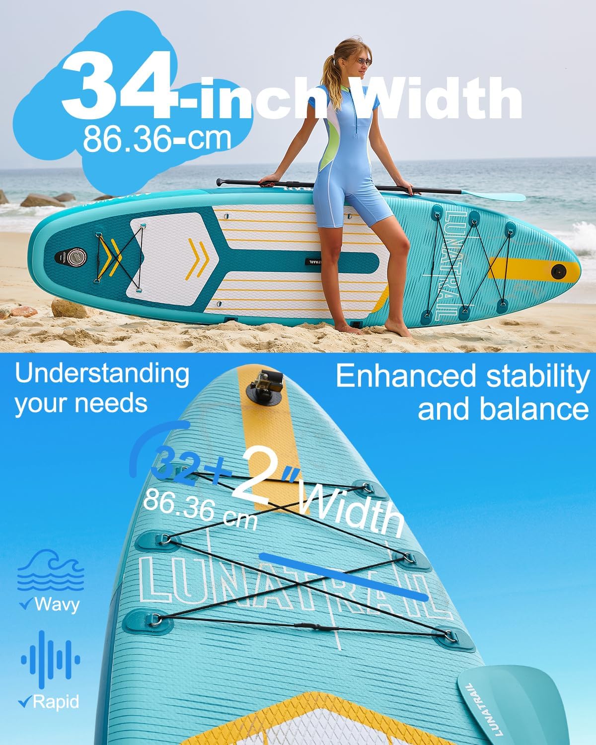 【11'×34'】 Extra Long/Extra Wide Premium Inflatable Stand Up Paddle Board (SUP) – Portable & Lightweight for Yoga, Surfing, Family Fun | Complete Kit with Paddle, Pump, Bag | Durable Design