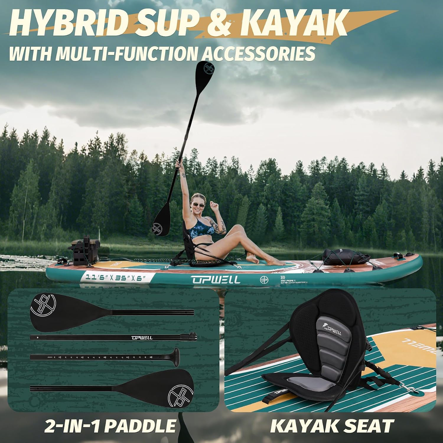 UPWELL 10'6'/11'/11'6' Inflatable Paddle Board, Stand Up Paddlboard for Youth & Adults, Stable Design, Premium SUP Accessories, Backpack, Leash, Hand Pump, Fins