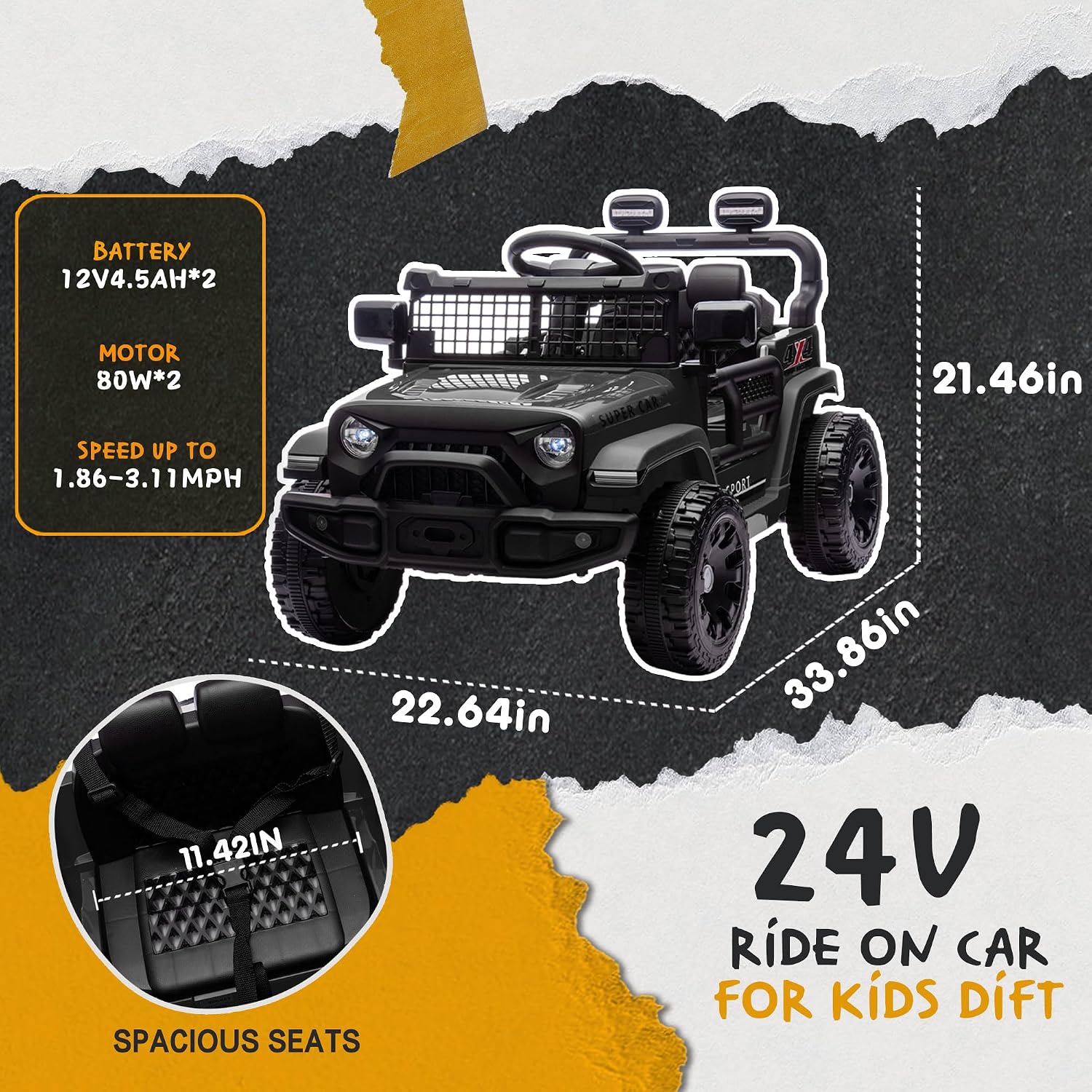 24V Ride On Jeep Car, Toddler Ride On Toys w/Parents Remote Control, One Seat Electric Car for Kids 2-4 with 4-Wheel Suspension, Bluetooth, Music, 1.86-3.11MPH Adjustable Speed, Black