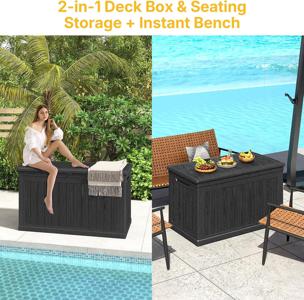 Skepphlay 230 Gallon Deck Box Large Outdoor Storage Box, Black Waterproof Deck Storage Bench, 440 lbs Load Capacity Outdoor Storage Bin for Garden, Patio, Pool, Boat