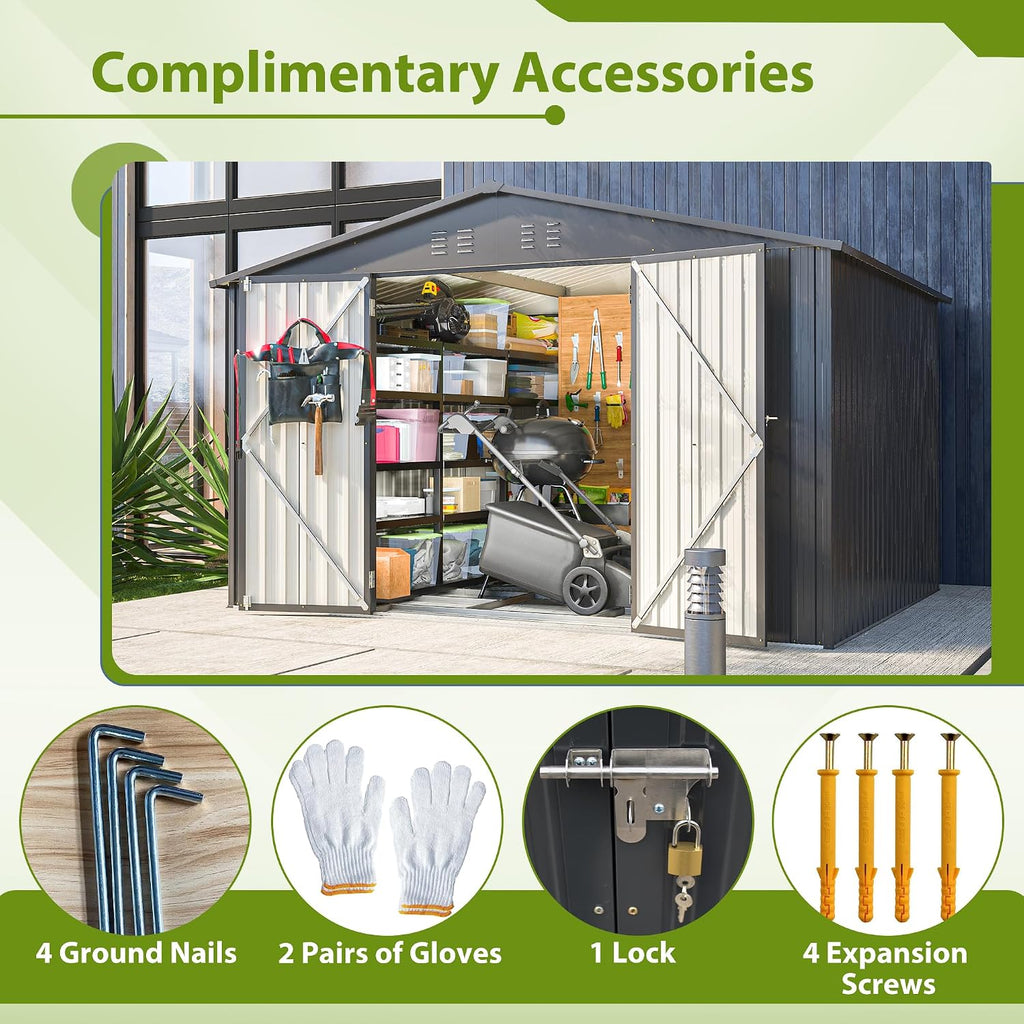 8x10 FT Outdoor Storage Shed, Metal Garden Shed with Frame Floor, Outside Tool Shed with Lockable Hinged Doors, Waterproof Storage Building with Sloped Roof for Backyard, Patio, Lawn, Black