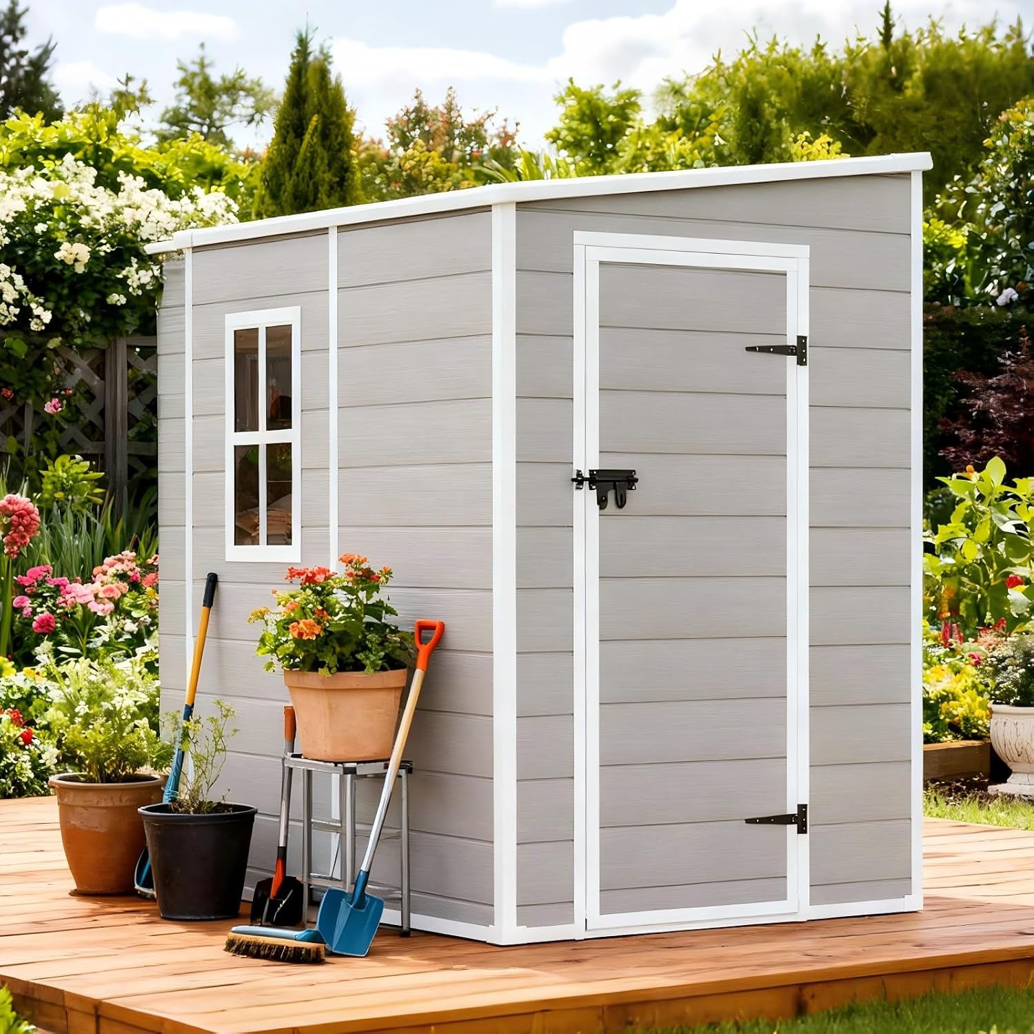 5x4 FT Plastic Outdoor Storage Sheds with Floor and Lockable Door, Compact Resin Outdoor Storage Cabinet Waterproof, Garden Shed/Tool Shed for Backyard, Patio, Grey