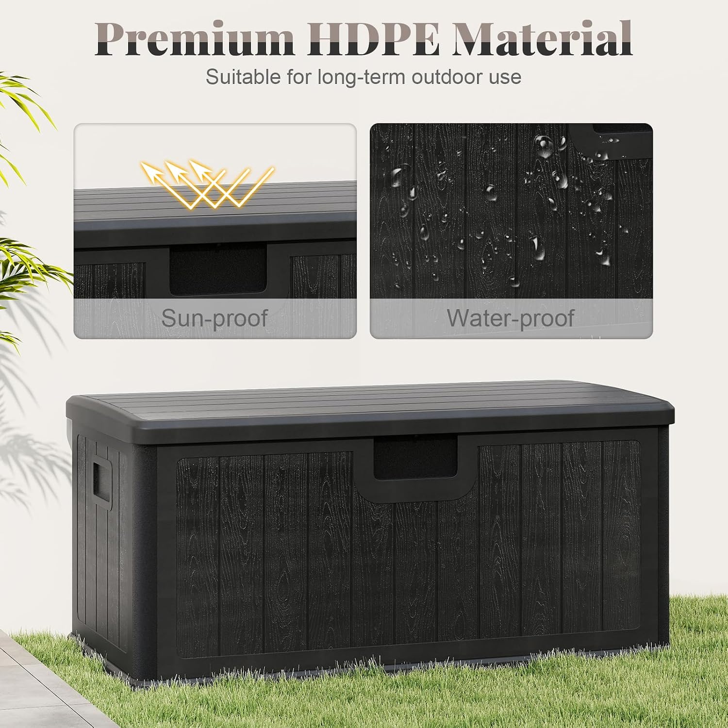 HAPPYGRILL Outdoor Storage Deck Box with Lockable Design & Gas Strut, Handle, 100 Gallon HDPE Patio Storage Organizer for Lawn Backyard Poolside (Black)