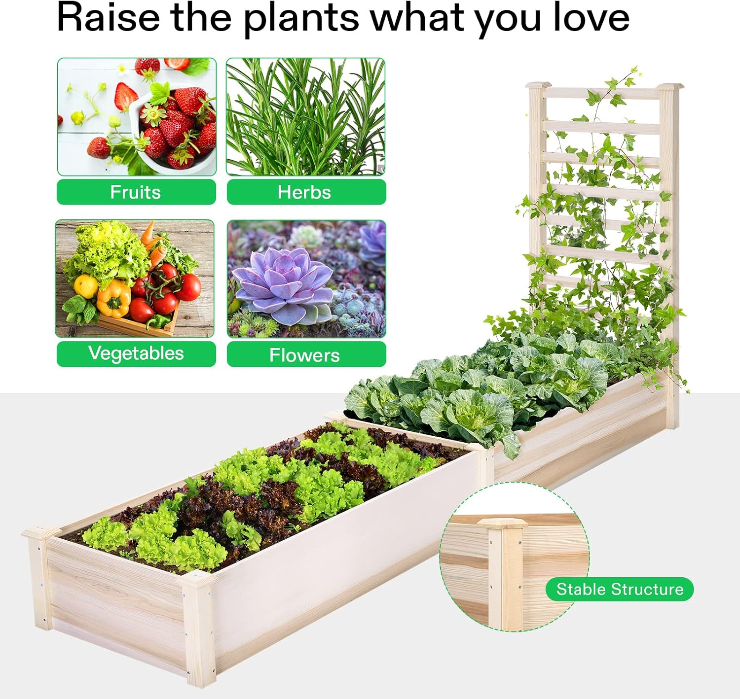 VIVOSUN Wooden Raised Garden Bed, 48 x 24 x 30 Inches, Outdoor Wood Planter Box with Gloves and a Liner, with Trellis for Vine Climbing for Garden, Patio, Balcony, Backyard and Outdoors (Pack of 2)