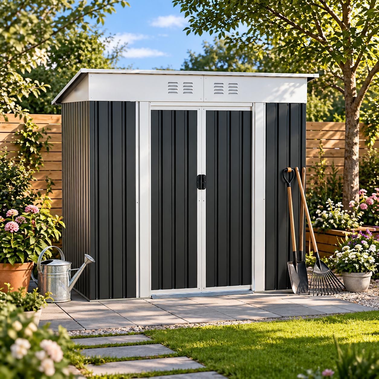 6x4 FT Outdoor Metal Garden Shed with Sliding Door, Heavy Duty Patio Storage Shed for Backyard Lawn Tools, Weather Resistant Steel Frame Utility Shed for Outdoor Storage