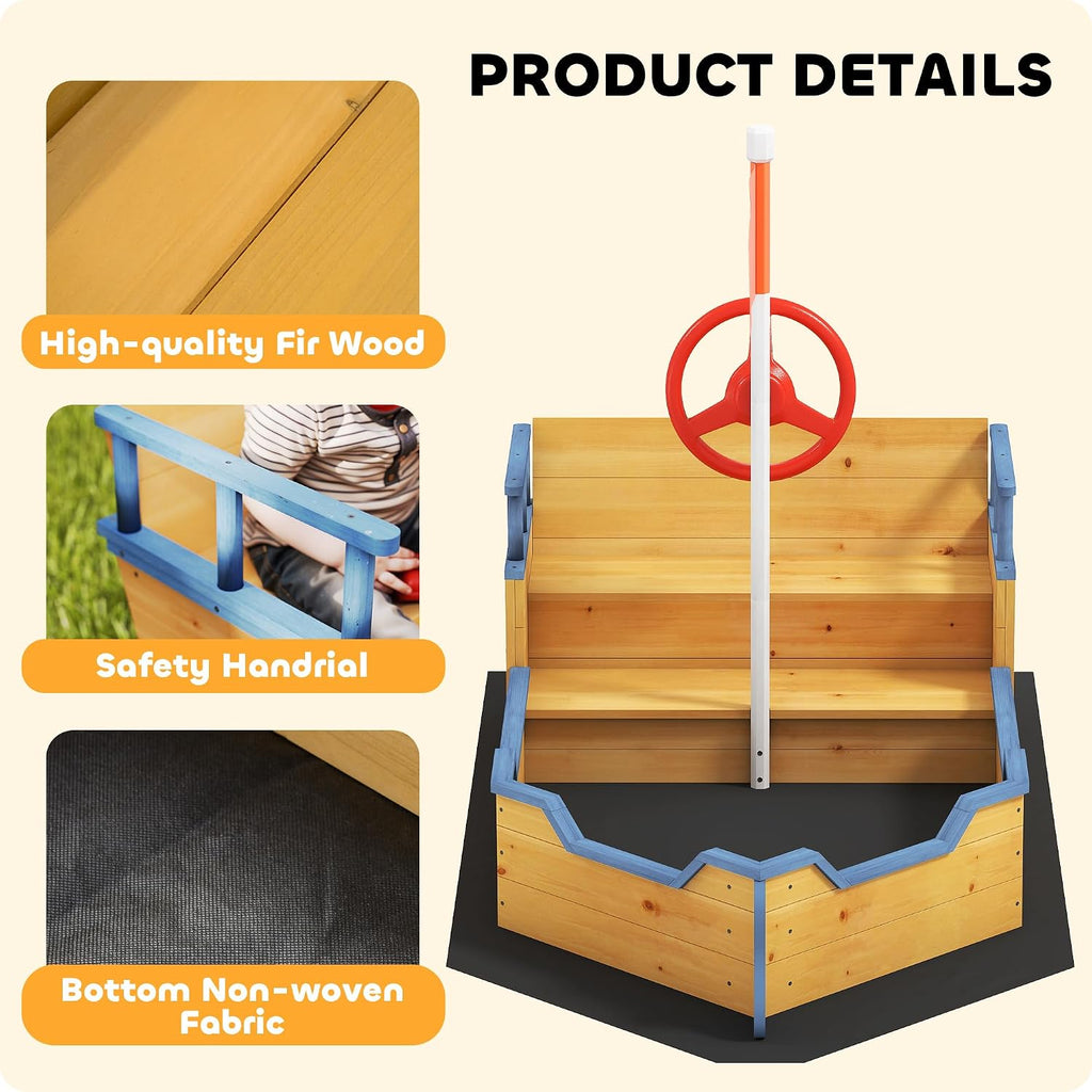 Outsunny Wooden Kids Sandbox, Ship-Shape Outdoor Sandboat with Bench Seats, Storage, Non-Woven Fabric Cloth for Backyard, Lawn, Natural Wood