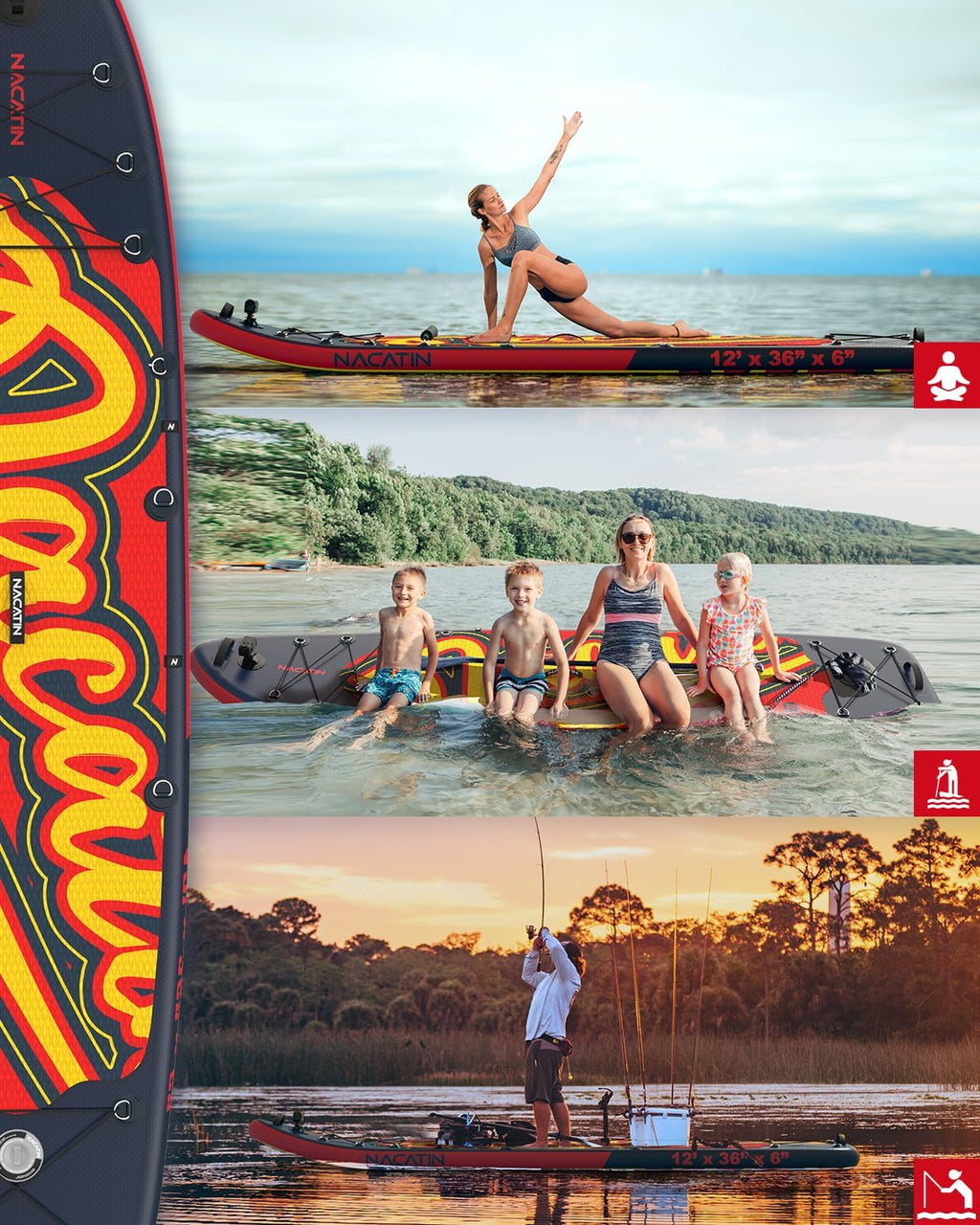 NACATIN 12'/366cm Extra Large Inflatable Stand Up Paddle Board with Seat, Wide 36'/91cm SUP Board for Adults & Family, with Single/Double Paddle, Kayak Seat, Pump, Stable Wide Deck for Beginners