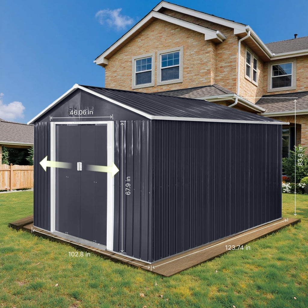 9' x 10.5' XL Outdoor Storage Shed, Sturdy Metal Building w/Windows & Lockable Doors for Garden, Backyard, Poolside and Lawn, Anthracite