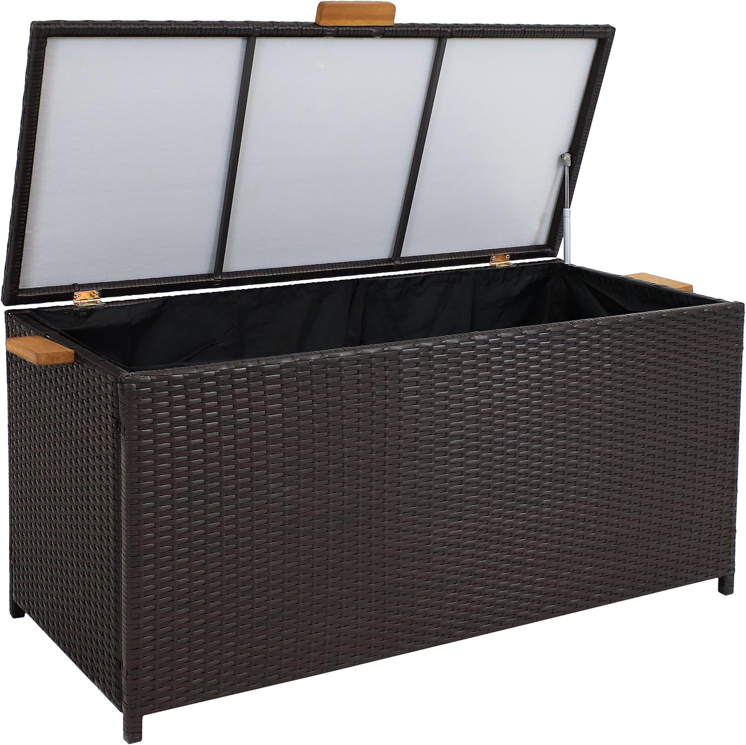 Sunnydaze Faux Wicker Storage Box - Outdoor Deck Box with Handles - 75-Gallon Front Door Package Delivery Box with Hinged Lid - Brown