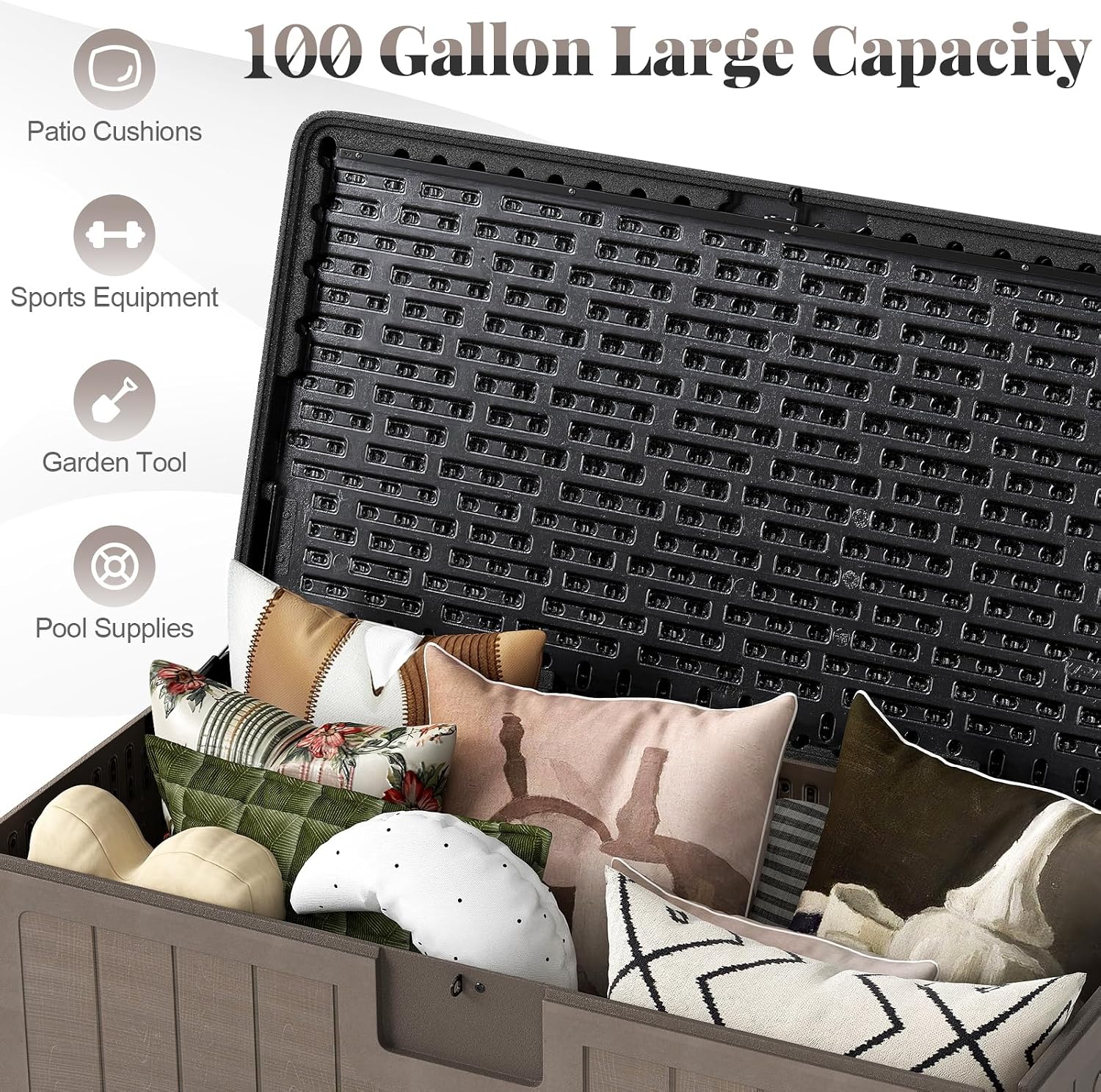 HAPPYGRILL Outdoor Storage Deck Box with Lockable Design & Gas Strut, Handle, 100 Gallon HDPE Patio Storage Organizer for Lawn Backyard Poolside (Black Brown)