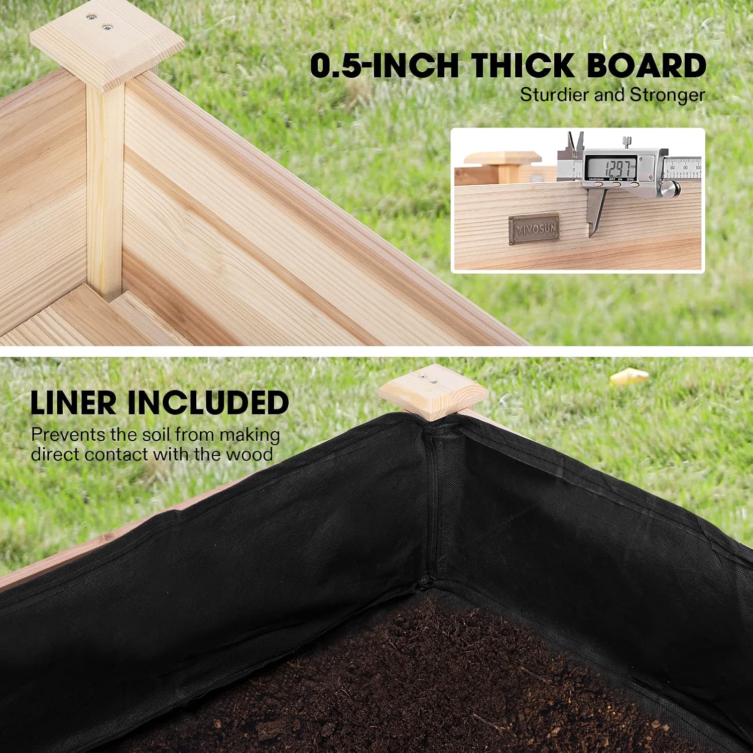 VIVOSUN Elevated Wooden Raised Garden Bed, 48 x 24 x 30 Inches, Outdoor Wood Planter Box w Bed Liner and Gloves for Garden, Patio, Balcony, Backyard and Outdoors, 220-Pound Capacity (Pack of 2)