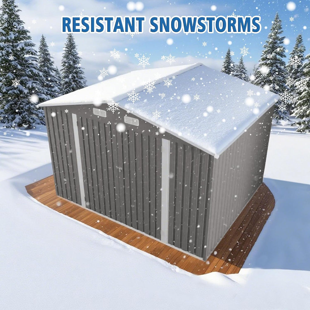 10x8 FT Outdoor Storage Shed, Metal Garden Shed with 4-pane Window, Outside Tool Sheds with Lockable Hinged Doors, Waterproof Storage Building with 4 Air Vents for Backyard, Patio, Lawn, Gray