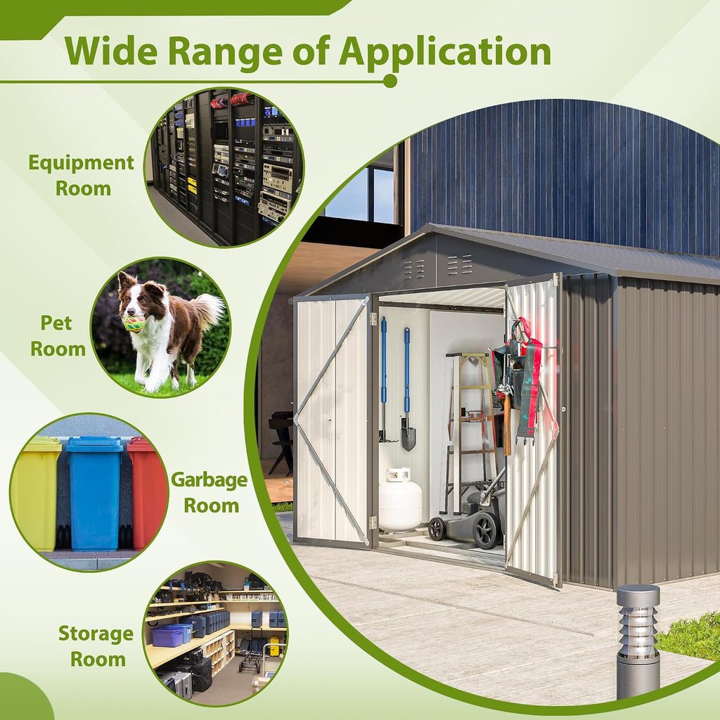 8x10 FT Outdoor Storage Shed, Metal Garden Shed with Frame Floor, Outside Tool Shed with Lockable Hinged Doors, Waterproof Storage Building with Sloped Roof for Backyard, Patio, Lawn, Black