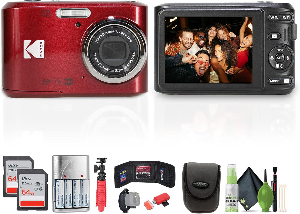 Kodak Pixpro FZ45 Digital Camera (Red) Bundle Including: 2X 64 GB Memory Card, Rechargeable Batteries, Camera Case, Flexible Tripod, Card Reader, Card Wallet, Hand Strap, Full Cleaning Kit