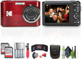 Kodak Pixpro FZ45 Digital Camera (Red) Bundle Including: 2X 64 GB Memory Card, Rechargeable Batteries, Camera Case, Flexible Tripod, Card Reader, Card Wallet, Hand Strap, Full Cleaning Kit