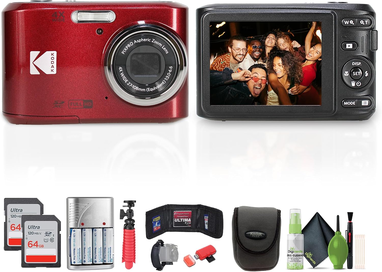 Kodak Pixpro FZ45 Digital Camera (Red) Bundle Including: 2X 64 GB Memory Card, Rechargeable Batteries, Camera Case, Flexible Tripod, Card Reader, Card Wallet, Hand Strap, Full Cleaning Kit