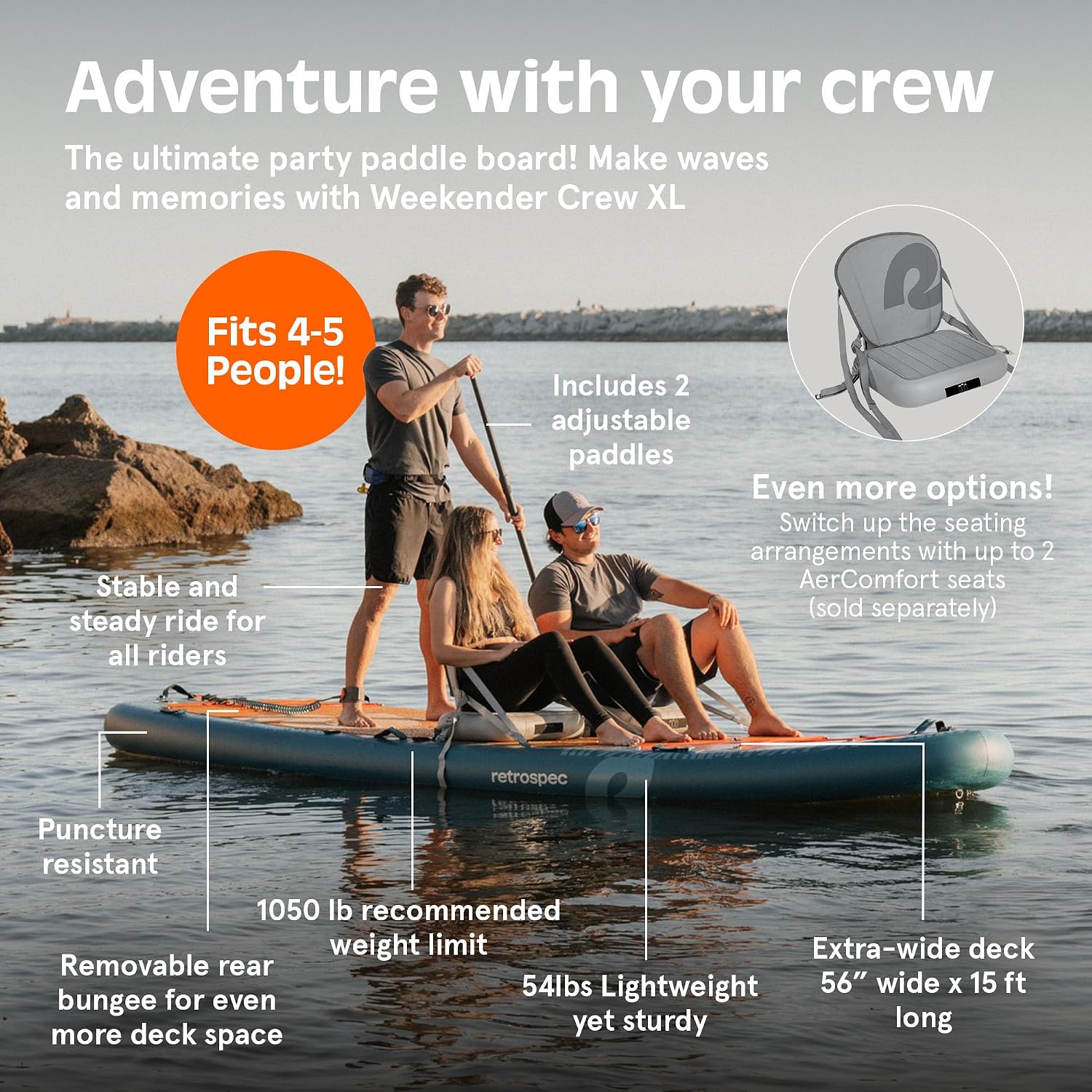 Retrospec Weekender Crew Inflatable Paddle Board - 12ft & 15ft XL Multi-Person iSUP with 400 & 1050lb Capacity & No-Slip Deck - Includes 2 Paddles & Accessories