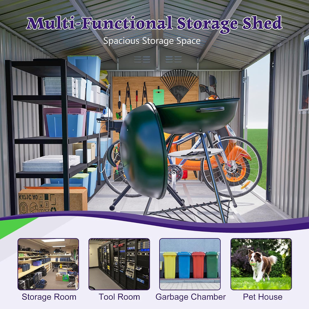 YOPTO 10X8 FT Outdoor Storage Shed,Metal Shed W/Window,Floor Frame & Lockable Swing Door,Garden Tool House W/ 4 Air Vents & Sloped Roof,for Backyard Patio Lawn,Gray