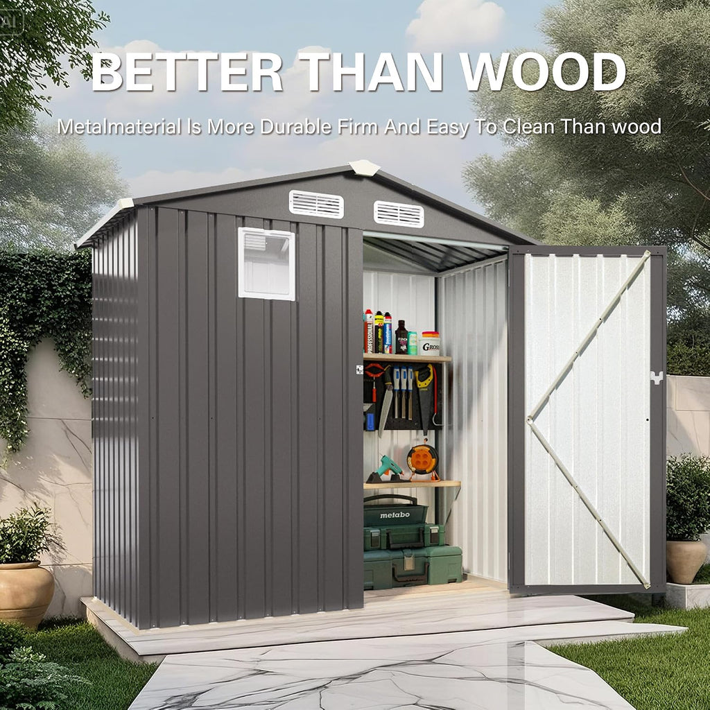 6×3.6 FT Outdoor Tool Shed with Peaked Roof Waterproof, Metal Tool Shed with Lockable Door and Clear Window, Galvanized Steel Storage Shed with Ventilation, Compact Utility Storage Shed,Gray
