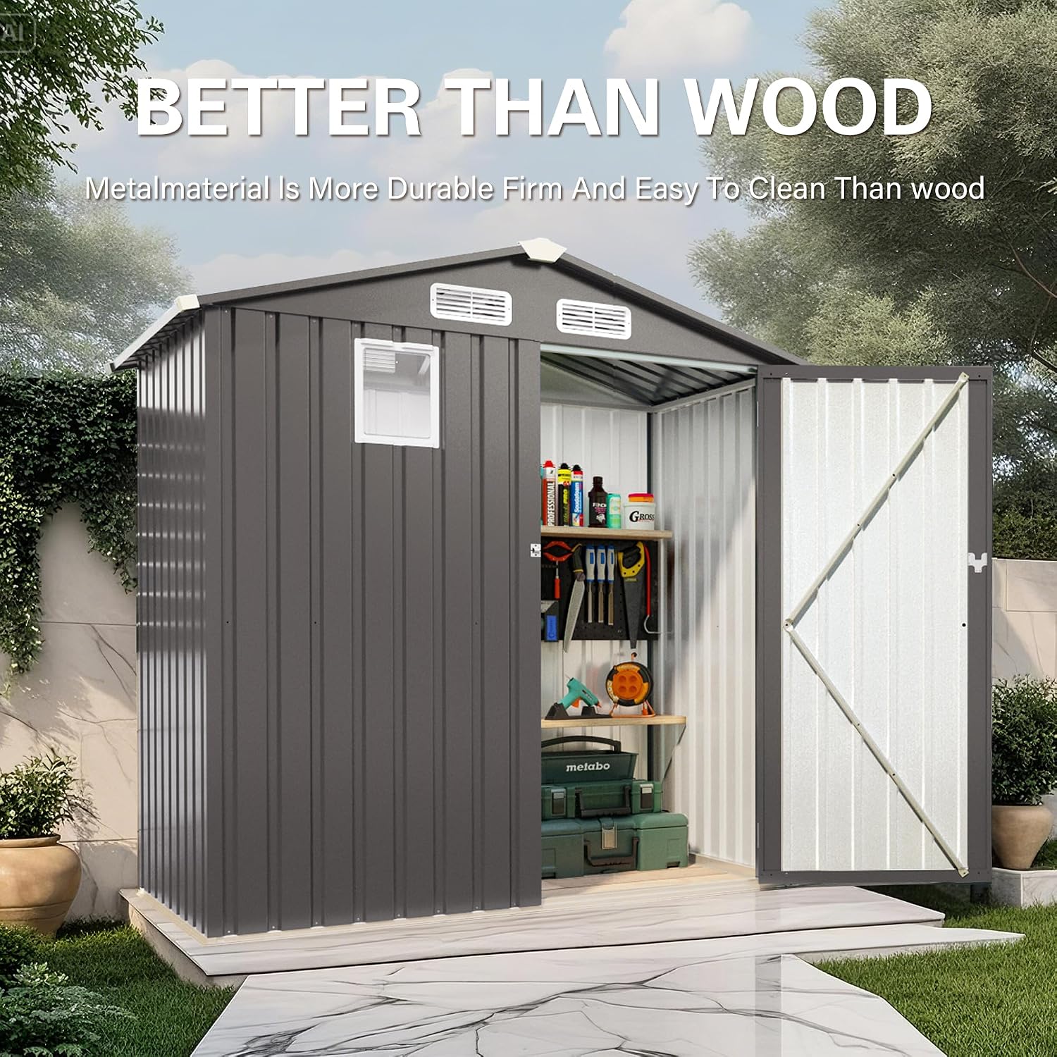 6×3.6 FT Outdoor Tool Shed with Peaked Roof Waterproof, Metal Tool Shed with Lockable Door and Clear Window, Galvanized Steel Storage Shed with Ventilation, Compact Utility Storage Shed,Gray