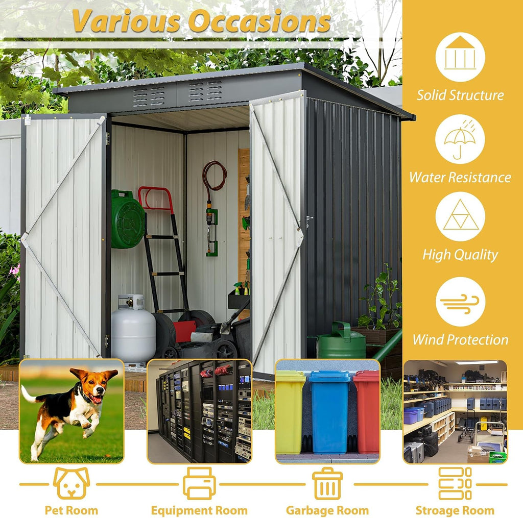 6x4 FT Outdoor Storage Shed, Metal Garden Shed with Frame Floor, Outside Tool Shed with Lockable Hinged Doors, Waterproof Storage Building with Sloped Roof for Backyard, Patio, Lawn, Black