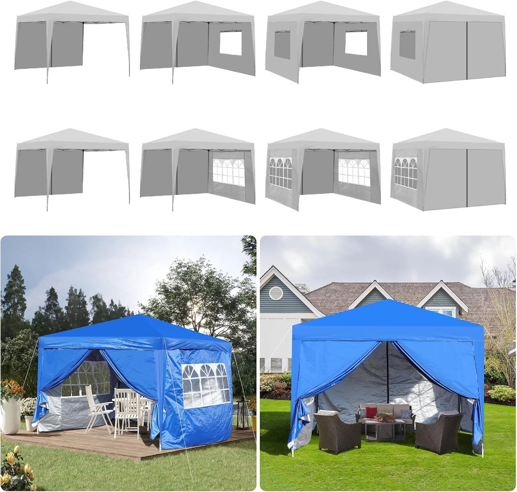 10x10FT Canopy Tent, Outdoor Gazebo Pop up Canopy with 4 Removable Sidewalls & 2 Windows, Patio Camping Shade Canopy with 4 PCS Weight Sand Bag & Carry Bag, Ideal for Parties Events, Blue