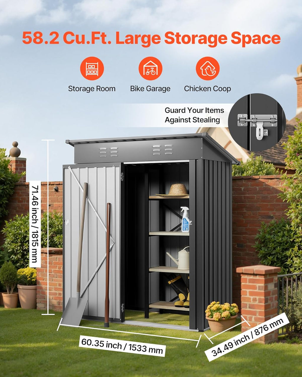 VEVOR 5 x 3 FT Metal Garden Shed, Storage Building with Lockable Door & 2 Louver Vents, Sloped Roof Metal Outdoor Storage Shed, Tool Sheds Outdoor Storage for Backyard, Garden, Patio, Bike, Gray