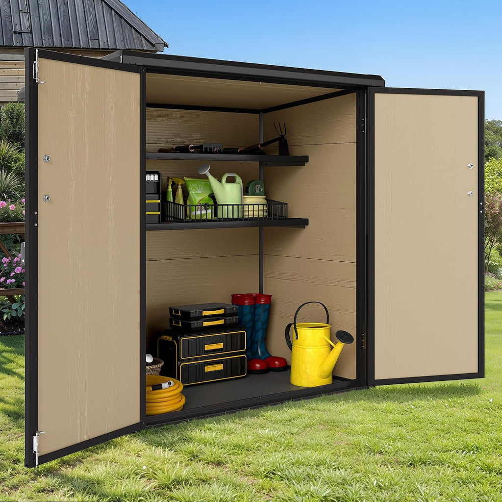 Outdoor Storage Shed with Adjustable Shelf, 54 Cu Ft Waterproof Vertical Resin Garden Tool Shed with Lockable Door & Sloping Roof, Plastic Tall Tool Cabinet for Backyard Garden Patio Lawn, Brown