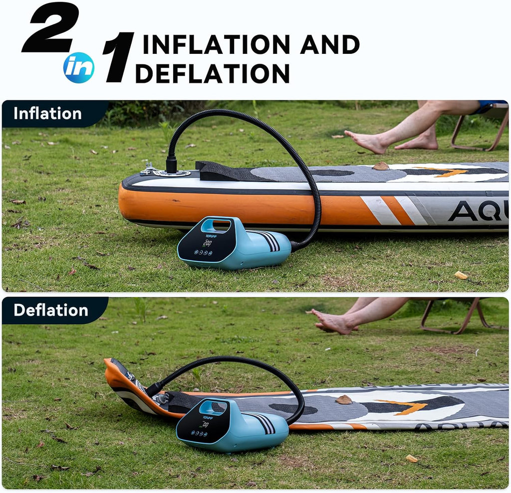 TOPUMP 20PSI Electric Paddle Board Pump TPS300 - High Pressure Rechargeable SUP Pump, Dual Stage Inflation & Deflation, Auto-Off Air Pump for Stand Up Paddle Boards, Boats, Kayaks and Tent