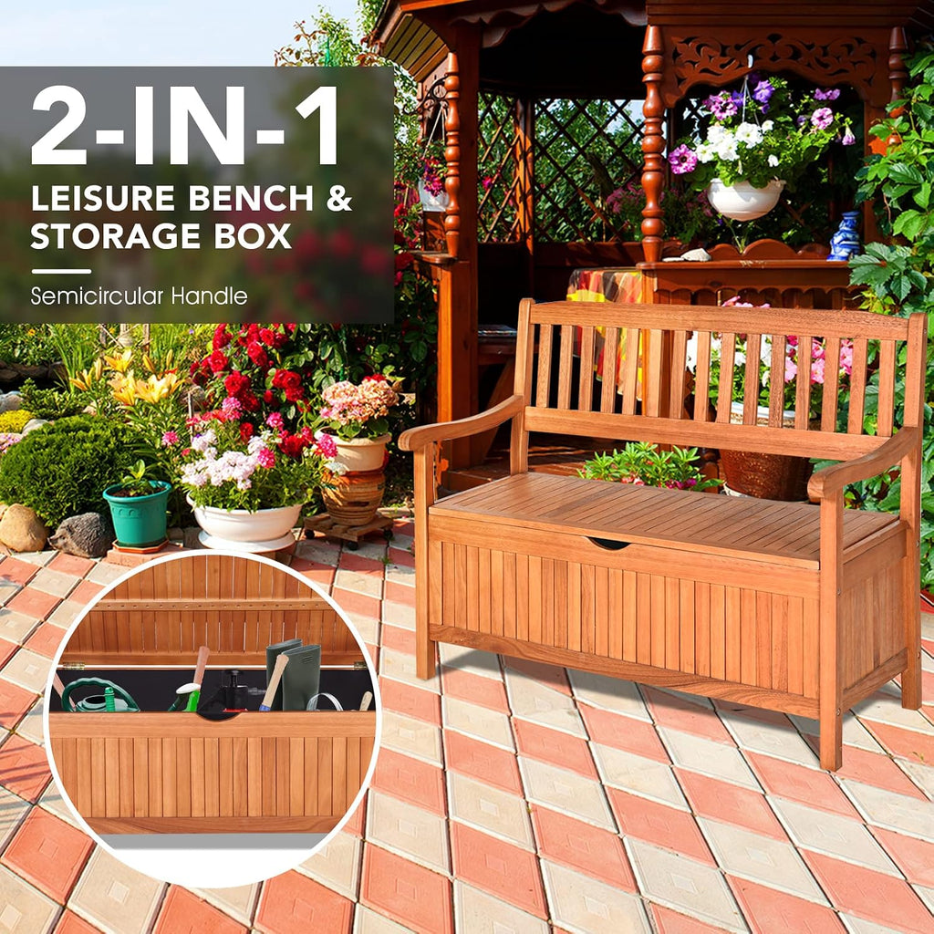 S AFSTAR Outdoor Patio Bench with Storage Box, 33 Gallon Storage Bench Deck Box with Dustproof Liner, Comfort Backrest & Wide Armrest, 800 lbs Capacity, Wood Bench for Garden Patio Park Porch