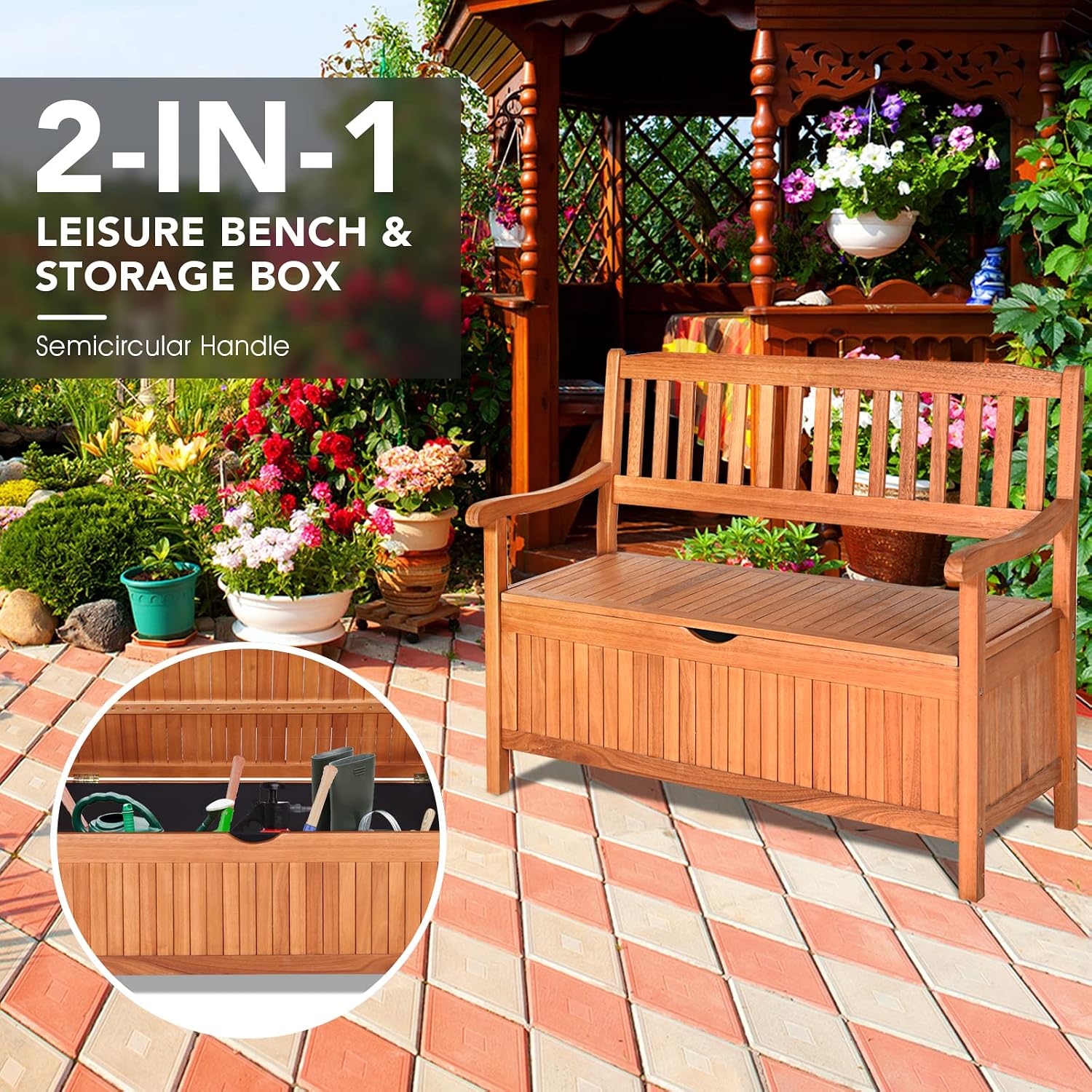 S AFSTAR Outdoor Patio Bench with Storage Box, 33 Gallon Storage Bench Deck Box with Dustproof Liner, Comfort Backrest & Wide Armrest, 800 lbs Capacity, Wood Bench for Garden Patio Park Porch