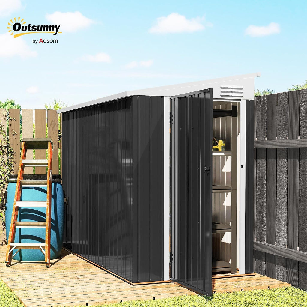 Outsunny 4' x 7.7' Metal Outdoor Storage Shed, Lean to Storage Shed, Garden Tool Storage House with Lockable Door and 2 Air Vents for Backyard, Patio, Lawn, Dark Gray