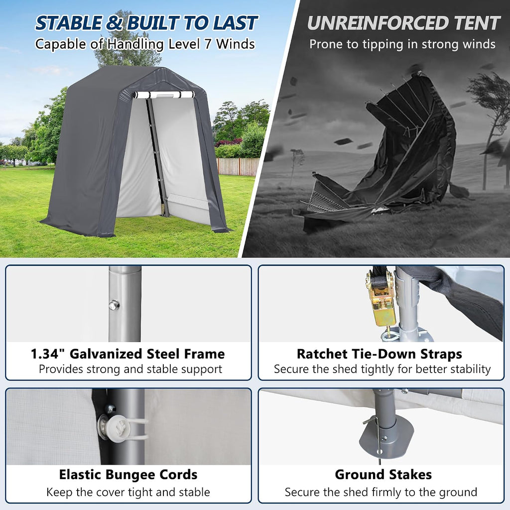 COVERONICS 6' x 7' Outdoor Storage Shed - Heavy Duty Portable Shelter Carport with Ventilation Windows and Roll-up Doors, Storage Shelter Tent for Motorcycle, Bike, Lawnmower and Garden Tools, Grey