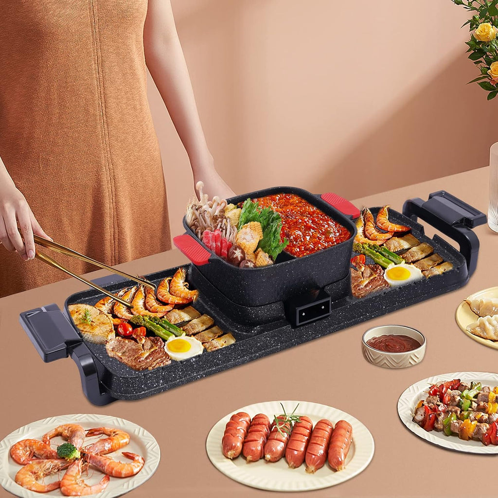 2-in-1 Barbecue Hot Pot, Indoor Korean BBQ & Grill, Non-Stick Electric Shabu Pot with Dual Temperature Control, Smoke-Free Portable Stove for 2-10 People, 110V