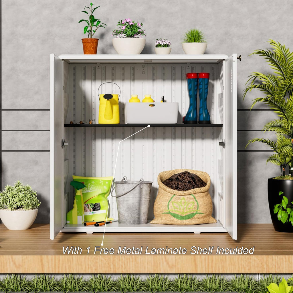 HOMSPARK Indoor/Outdoor Storage Cabinet with Doors and Shelf, 34'x15'x36' HDPE Plastic Storage Box Waterproof for Patio, Garden, Balcony, Multi-Purpose for Daily Tools, White