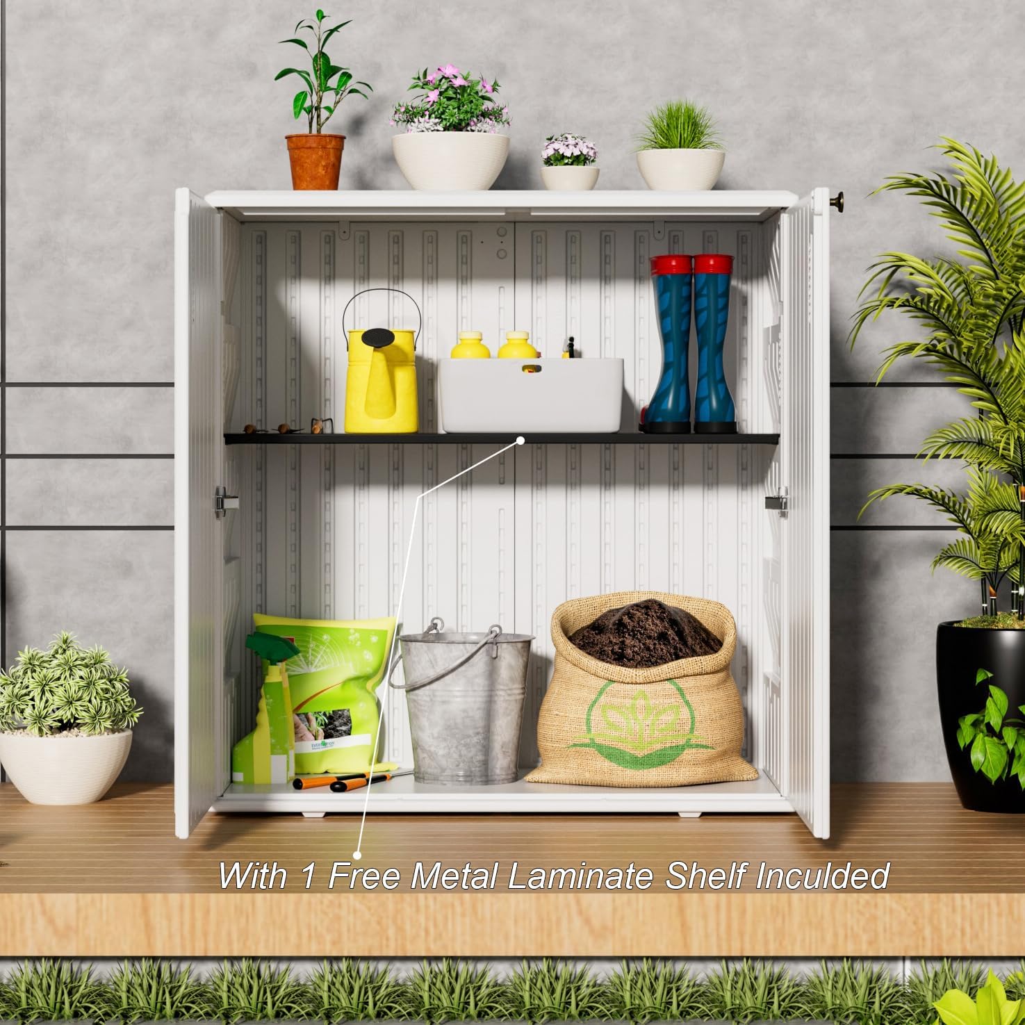 HOMSPARK Indoor/Outdoor Storage Cabinet with Doors and Shelf, 34'x15'x36' HDPE Plastic Storage Box Waterproof for Patio, Garden, Balcony, Multi-Purpose for Daily Tools, White